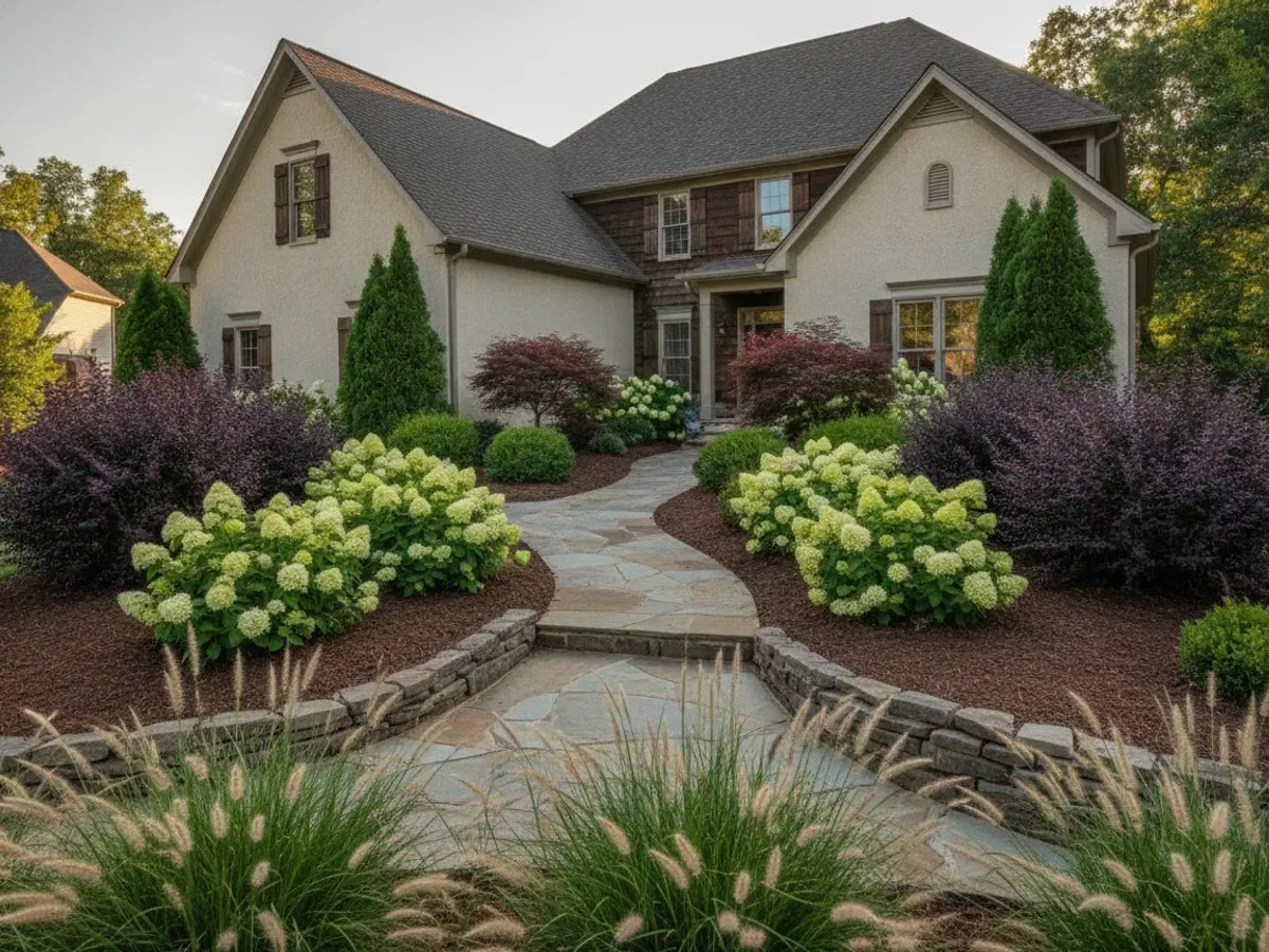 A professionally designed and freshly installed residential front-yard landscape with layered plantings along a curved stone walkway