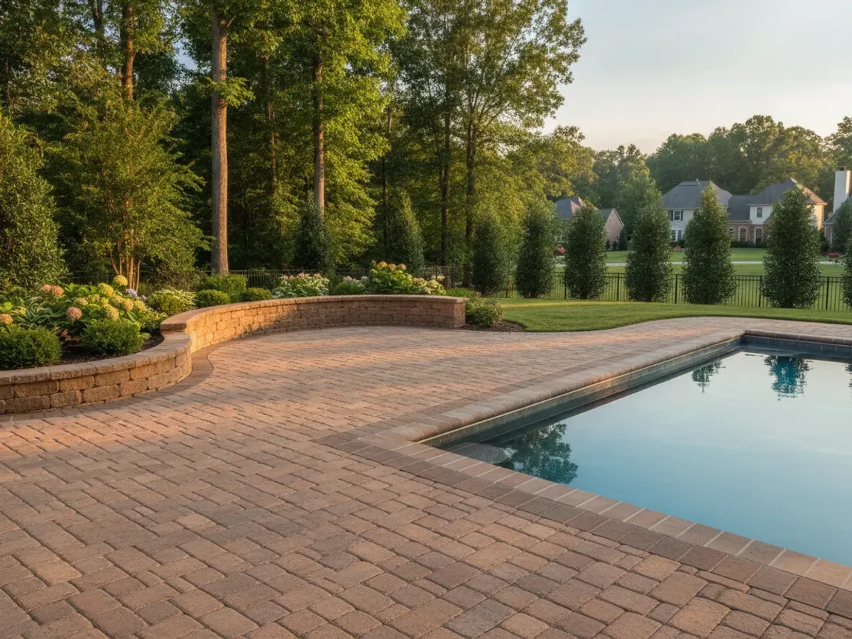 A landscaped poolside garden with paver hardscape at the height of summer